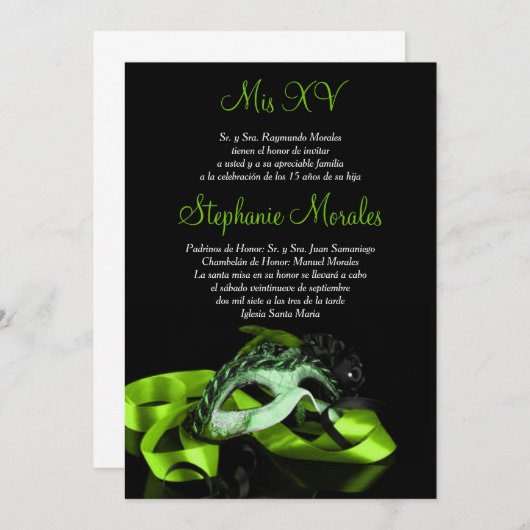 Lime Green Masquerade Quinceanera Uitnodiging (Voorkant / Achterkant)