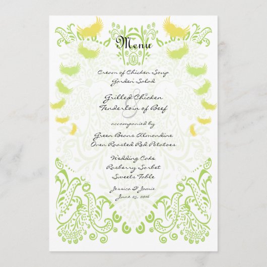 Lime Green Mehndi Bird Menu Mariage (Dos)