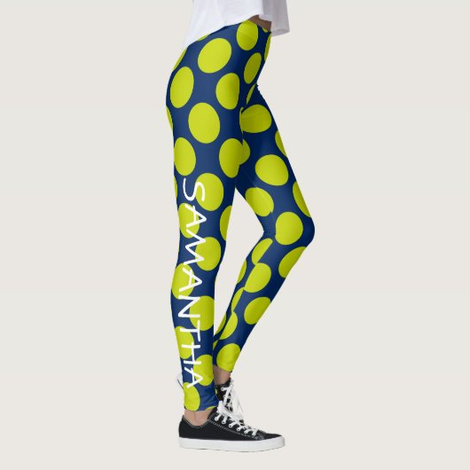 Lime Green Polka Dots on Navy Blue Personalized Leggings (Rechts)