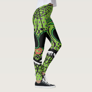 Lime Green Purple Pois Sugar Skull Leggings