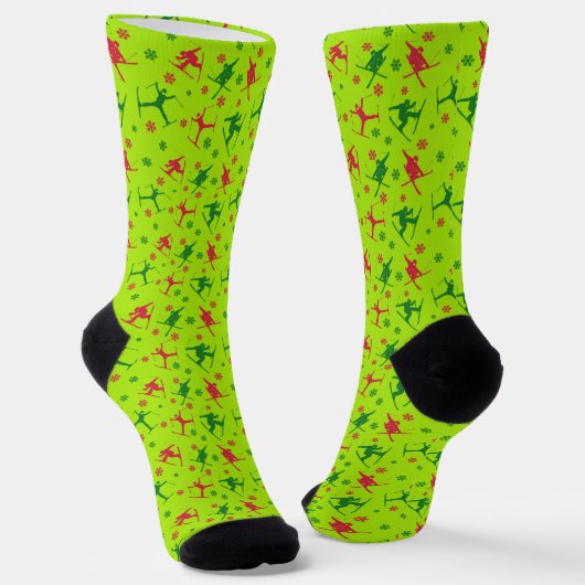 Lime Green Ski Tricks Pattern Kerstmis Sokken (Gebogen)