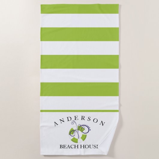 Lime Green Stripe Persoonlijk Beach House Strandlaken (Voorkant)