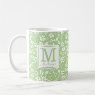 Lime Green Tropical Flowers Monogram Koffiemok
