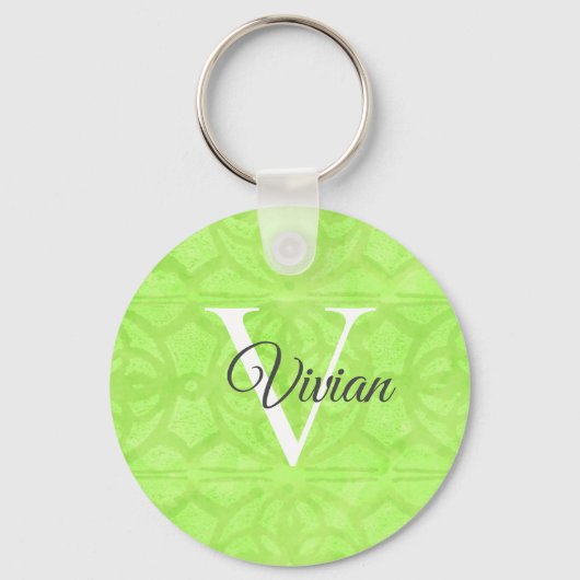Lime Green Waterverf Monogram Naam Sleutelhanger (Voorkant)