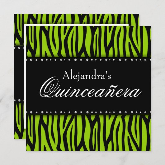 Lime Green Zebra Diamonds Quinceanera Kaart (Voorkant / Achterkant)