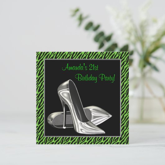 Lime Green Zebra High Heels Verjaardagsfeest Kaart (Staand voorkant)