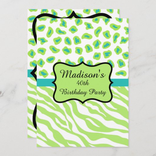 Lime Green Zebra Leopard Invitation 40e anniversai (Devant / Derrière)