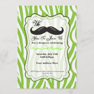 Lime Green Zebra Mustache Birthday Party Invite Kaart