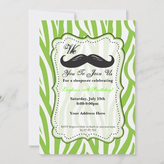 Lime Green Zebra Mustache Invitation de fête d'ann (Devant)