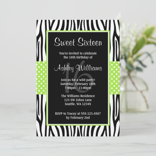 Lime Green Zebra Polka Dot Sweet 16 Invitations (Debout devant)