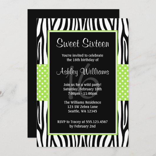 Lime Green Zebra Polka Dot Sweet 16 Invitations (Devant / Derrière)