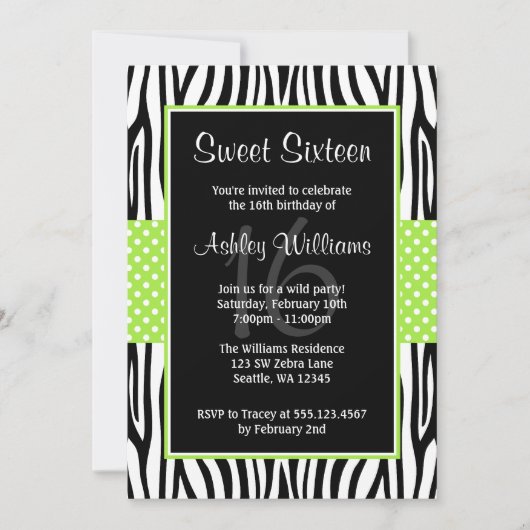 Lime Green Zebra Polka Dot Sweet 16 Kaart (Voorkant)