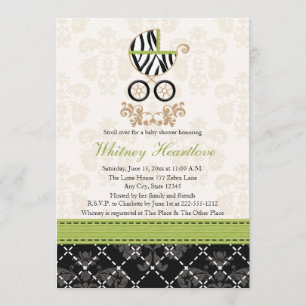 Lime Green Zebra Print Baby Carriage Baby shower Kaart