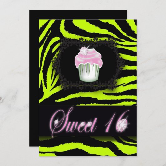 Lime Green Zebra Print Sweet 16 Party Uitnodiging (Voorkant / Achterkant)