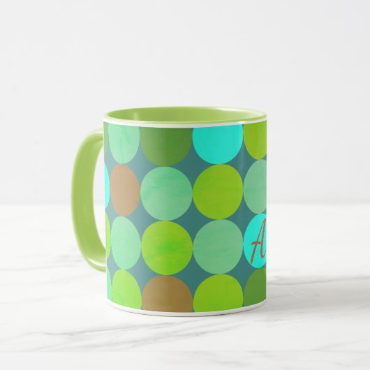 Lime Groen Blauwgroen Turquoise & Roest Circles Mo Mok (Voorkant links)