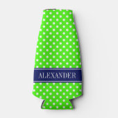 Lime groen wit polka stippen marine naam monogram flesjeskoeler (Voorkant)