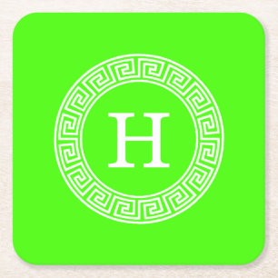 Lime Groen WT Grieks Sleutel RND Lijst Initiaal Mo Vierkante Kartonnen Onderzetter