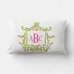 Lime Groene en Roze Pagode Bloem Lijst Monogram Kussen