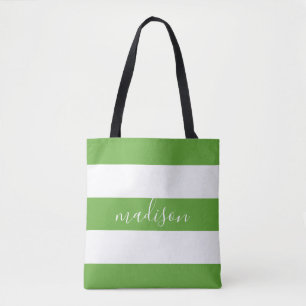 Lime Groene en Witte Strepen met Naam Typografie Draagtas
