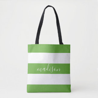Lime Groene en Witte Strepen met Naam Typografie Draagtas
