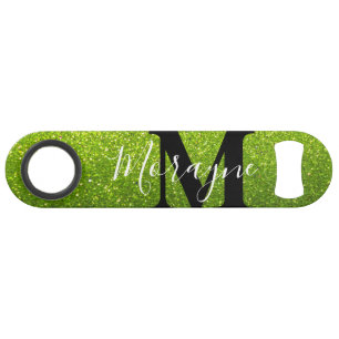 Lime Groene Faux Glitter Zwart Wit Monogram Naam Speed Flessenopener