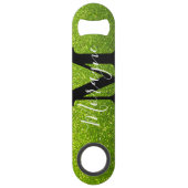 Lime Groene Faux Glitter Zwart Wit Monogram Naam Speed Flessenopener (Voorkant)