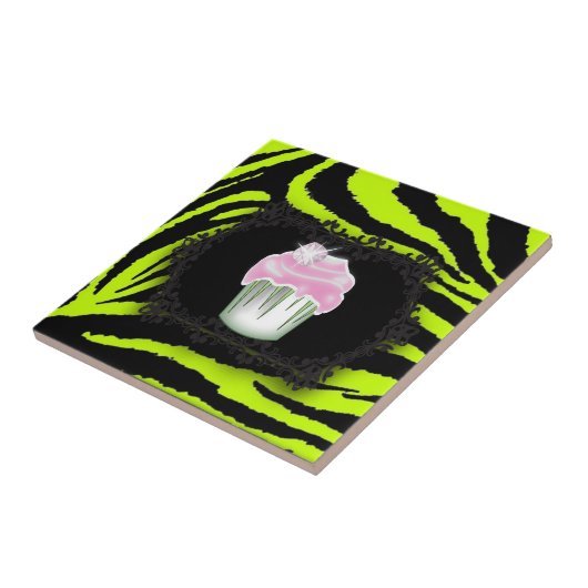 Lime groene zebra print roze cupcake zoet zestien tegeltje (Zijkant)
