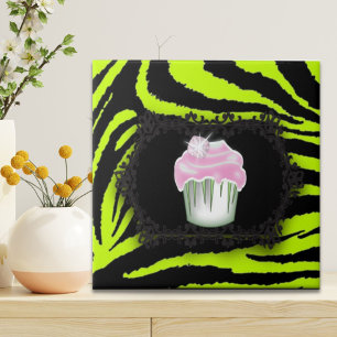 Lime groene zebra print roze cupcake zoet zestien tegeltje