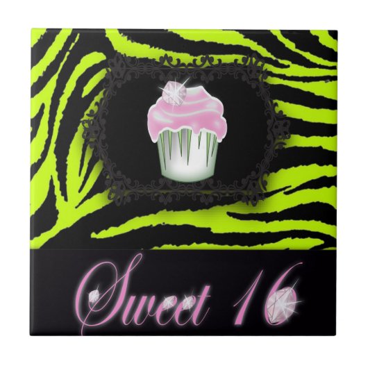 Lime groene zebra print roze cupcake zoet zestien tegeltje (Voorkant)
