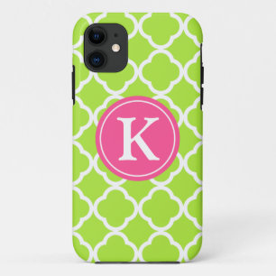 Lime Quatrefoil Roze Monogram iPhone 11 Hoesje