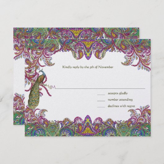 Limegroene en frambozen damasten trouwuitnodiging RSVP kaartje (Voorkant / Achterkant)