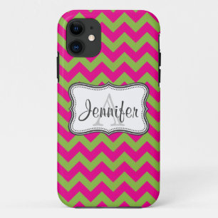 Limegroene en hete roze chevron monogram iPhone 5 11 Hoesje
