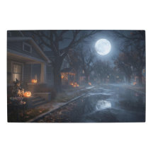 Liminale voorstedelijke straat op Halloweenavond
