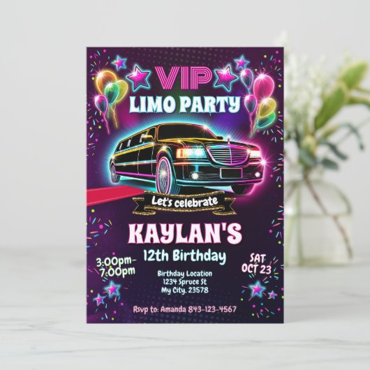 Limo Verjaardagsfeest Uitnodiging voor meisjes (Staand voorkant)
