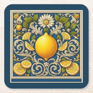 Limoen Amalfi Blauw Mediterrane Art Nouveau Vierkante Kartonnen Onderzetter
