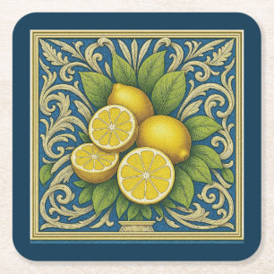 Limoen Amalfi Blauw Mediterrane Art Nouveau Vierkante Kartonnen Onderzetter