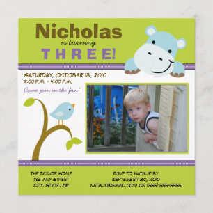 Limoen Custom Hippo & Birdie Birthday Party Invite Kaart
