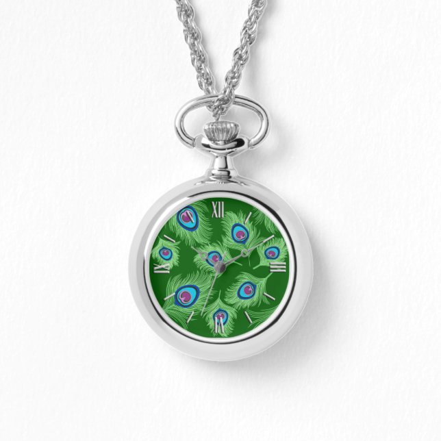Limoen en Blauwe Peacock Feathers op Emerald Green Horloge (Voorkant)
