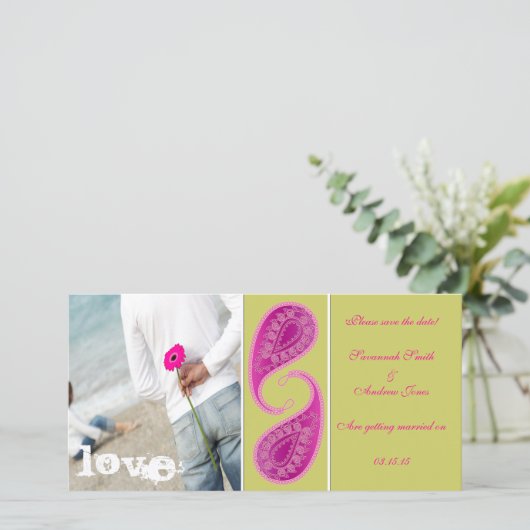 Limoen en frambozenpaisley opslaan Datum uw foto Save The Date (Staand voorkant)