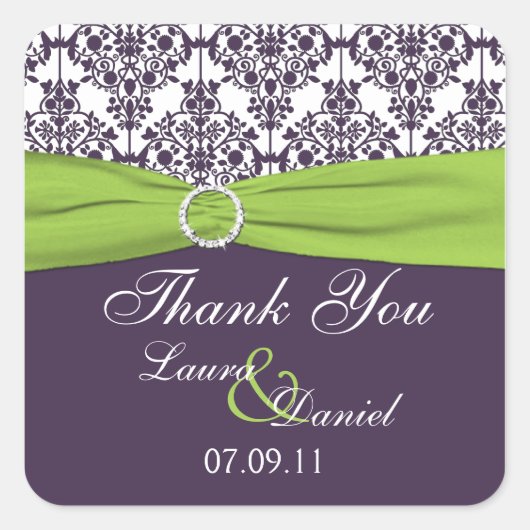 Limoen en Paarse Damask bruiloft gunst Sticker (Voorkant)