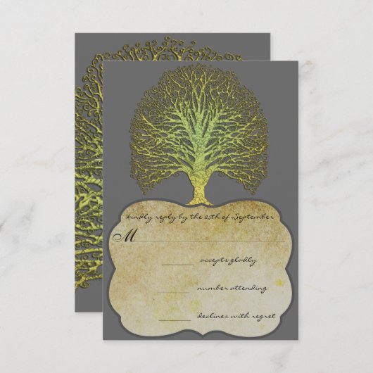 Limoen Gold Swirl Damask Tree Wedding RSVP (Voorkant / Achterkant)