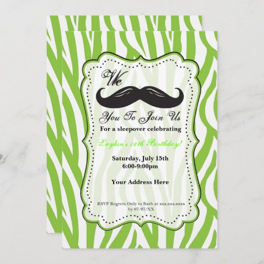 Limoen Groene Zebra Snor Verjaardagsfeest Uitnodig Kaart (Voorkant / Achterkant)