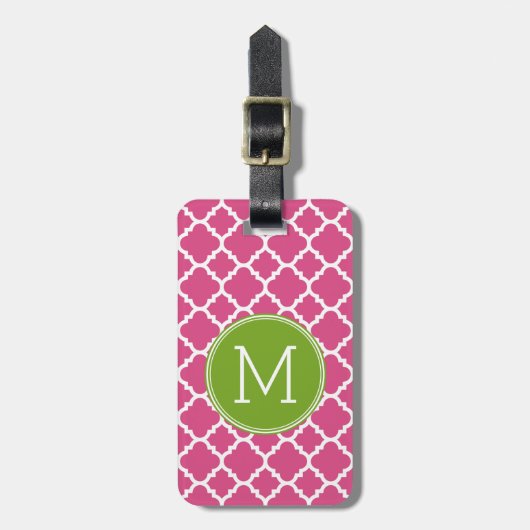 Limoen Hot Pink Quatrefoil Pattern Custom Monogram Bagagelabel (Voorkant verticaal)