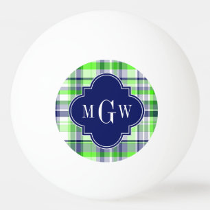 Limoen, marine, Wht Preppy Madras Quatrefoil Monog Pingpongballen