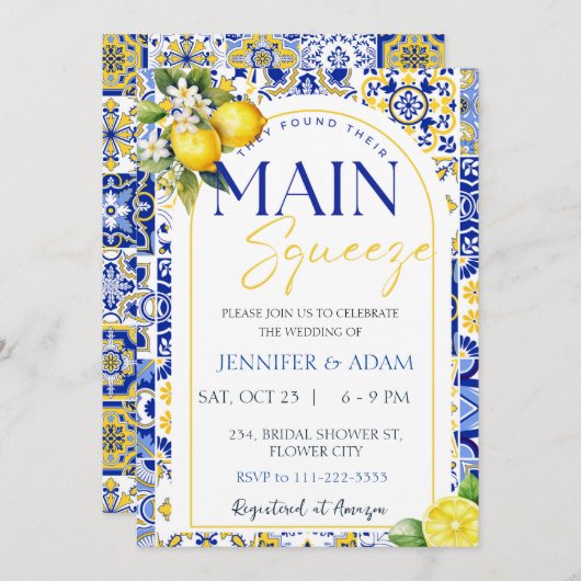Limoen Mediterraan Blauwe Tegels Hoofdrol Trouwdag Kaart (Voorkant / Achterkant)