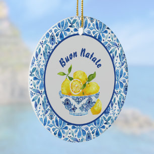 Limoen Mediterraan Buon Natale Azulejo Blauw Toile Keramisch Ornament