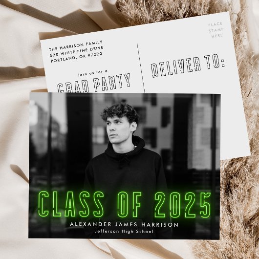 Limoen Neon Class of 2022 Photo Graduation Party Uitnodiging Briefkaart