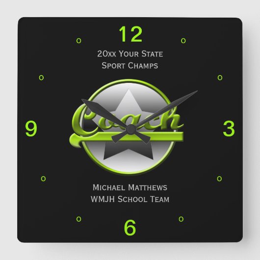 Limoen Star Coach Name and School Square Clock Vierkante Klok (Voorkant)