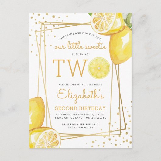 Limonade Waterverf 2e Verjaardagsfeestje Uitnodigi Briefkaart (Voorkant)