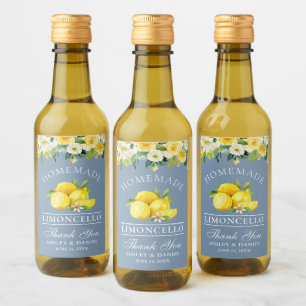 Limoncello Citroenen Bloemen Stoffig Blauw Mini Wijn Etiket